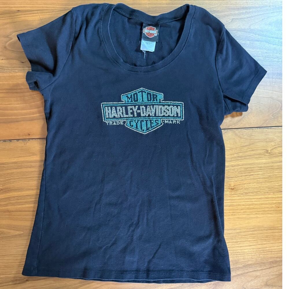 Harley Davidson Women's XL Black Rhinestone Logo T Shirt Turquoise Biker